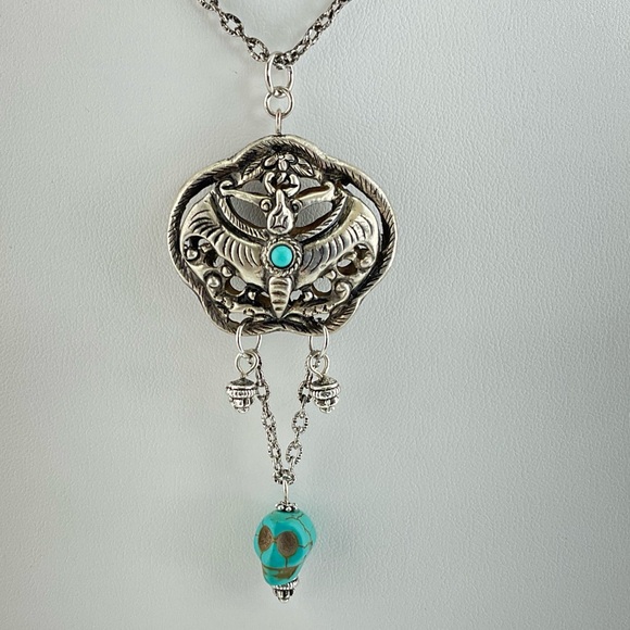 Artisan Jewelry - Moth & Skull Pendant Necklace, Handmade, 18" L, Goth, Spooky, Witchy
